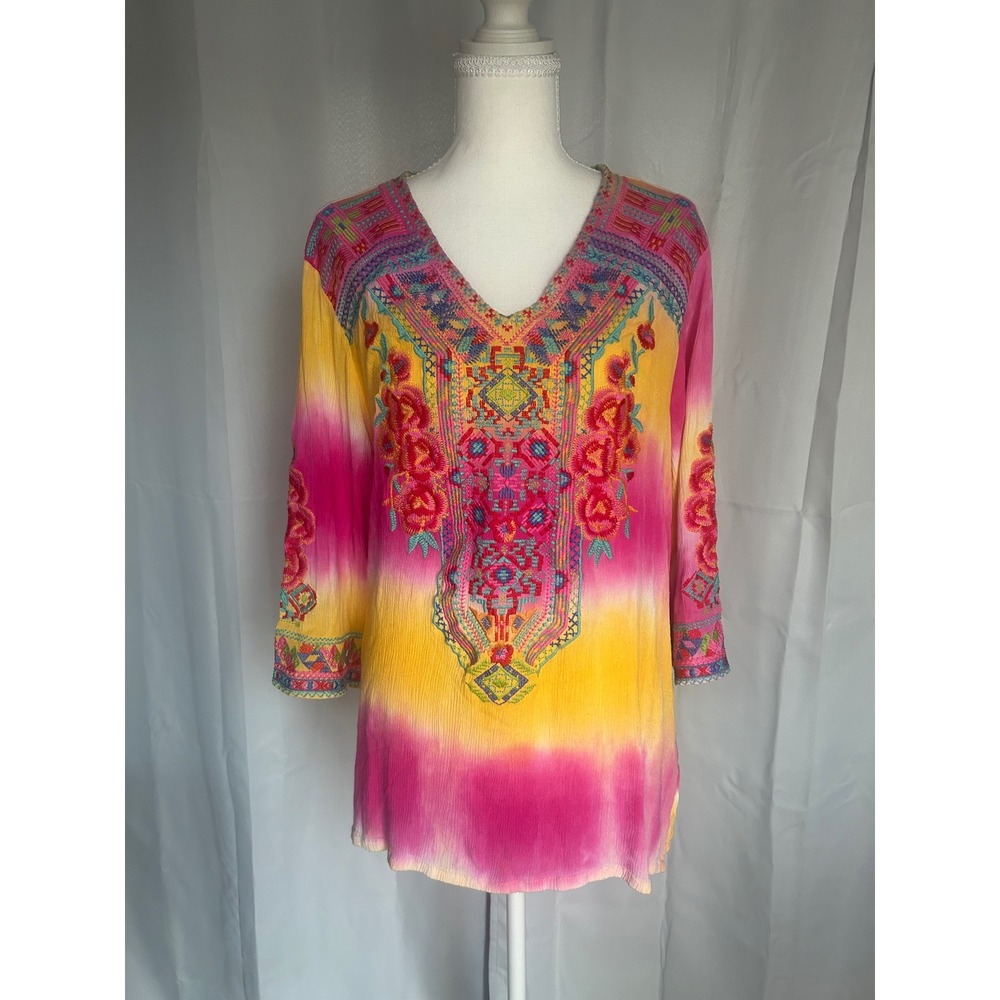 Caleaaa Womens XL Embroidered Boho, Tunic Top Pink Gauze, festival, peasant.